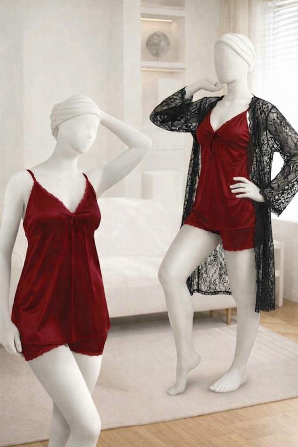 3-Piece Women's Sleepwear Set Camisole, Shorts & Lace Gown Soft Satin Nightwear Free Size - Image 4