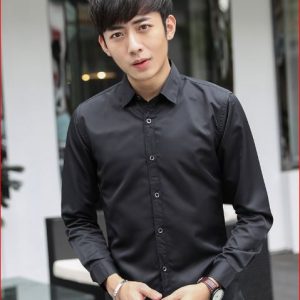 Men's Slim Fit Black Long Sleeve Shirt Korean Style Wrinkle Free Casual Formal Shirt