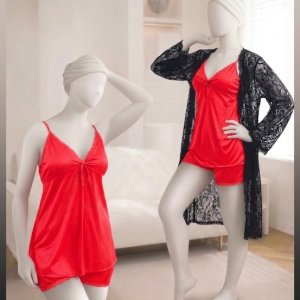3-Piece Women's Sleepwear Set  Camisole, Shorts & Lace Gown Soft Satin Nightwear Free Size