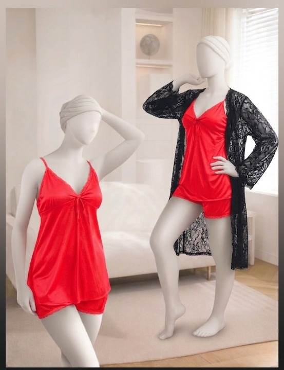3-Piece Women's Sleepwear Set Camisole, Shorts & Lace Gown Soft Satin Nightwear Free Size