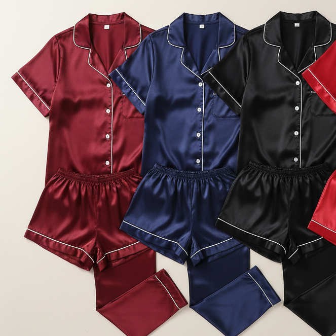 Couple Night Suit / Silk Satin Sleepwear Set Short & Long Style Combo (4 Pcs) | SKU: DC-C009 - Image 4