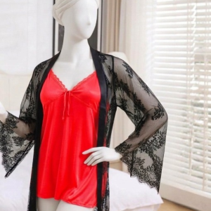 2-Piece Women's Sleepwear Set  Camisole, Shorts & Lace Gown Soft Satin Nightwear Free Size