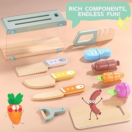 Wooden Kids Play Kitchen Set with Toy Utensils & Velcro Food Montessori Pretend Cooking Playset