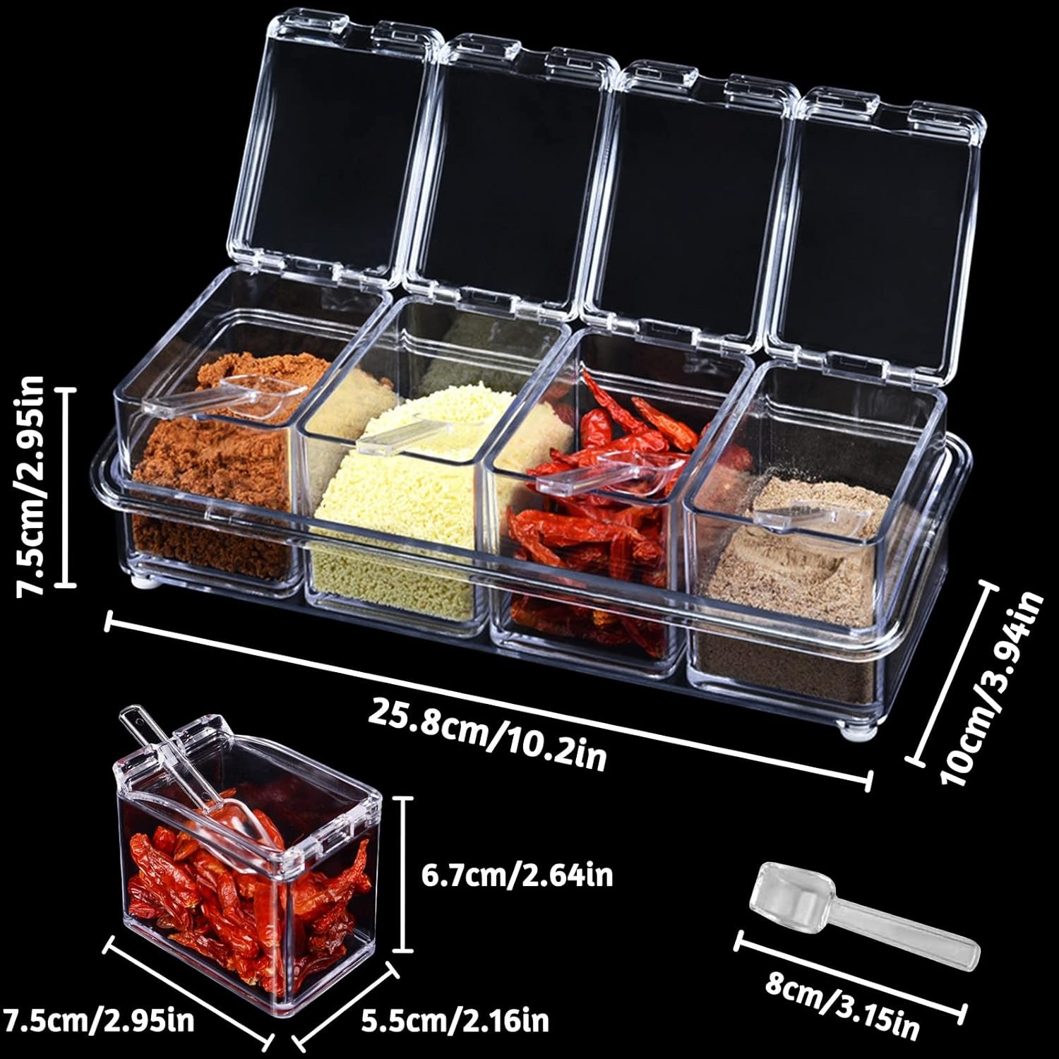 Crystal Seasoning Box With 4 Compartments And Spoons Transparent Spice Storage Container Set For Kitchen Organization - Image 3