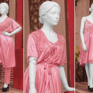 3 Pcs Luxury Silk Nightwear Set with Lace Trim  Satin Sleepwear for Women Free Size