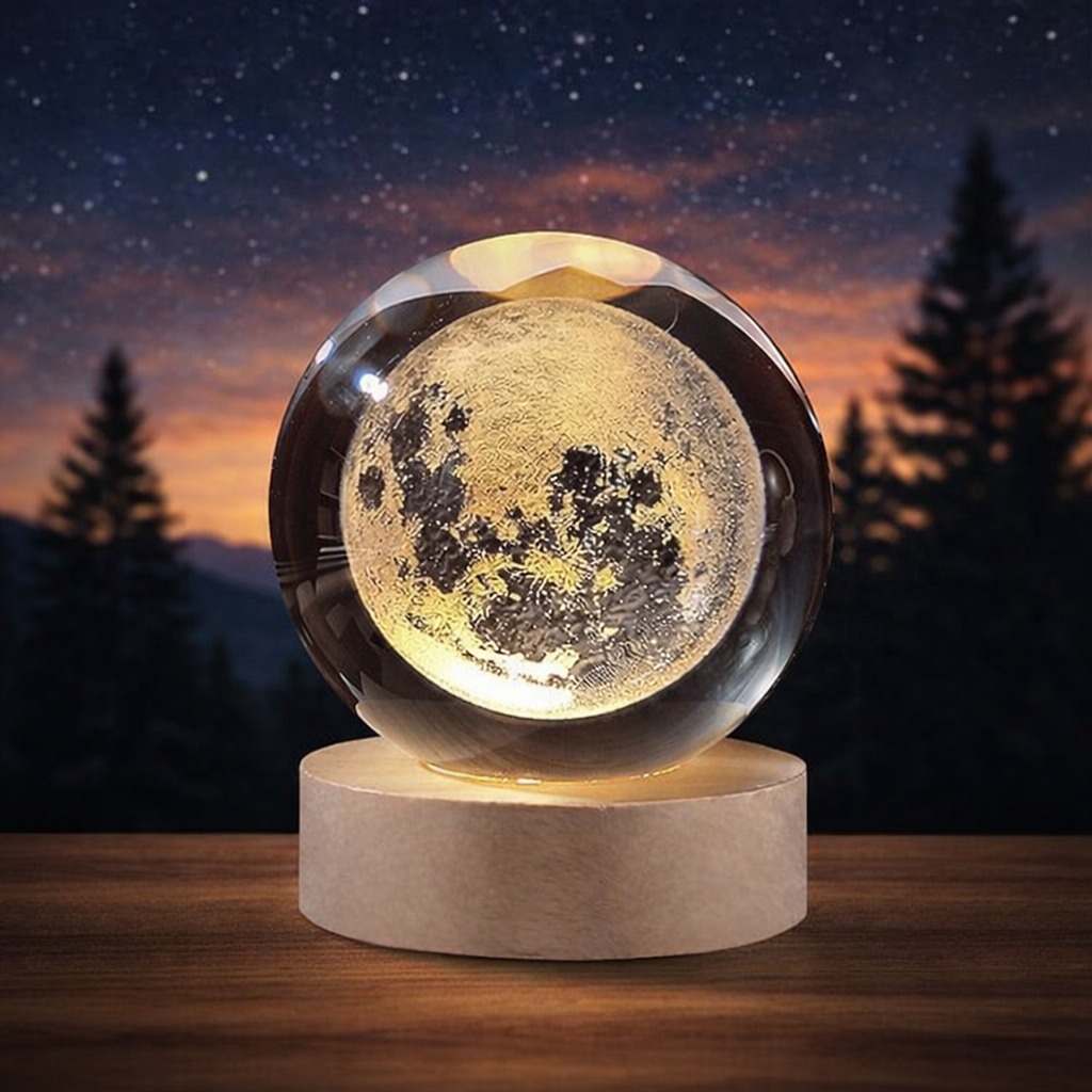 3D Galaxy Crystal Ball Lamp with Wooden LED Base Decorative Night Light (Only Moon Shape)