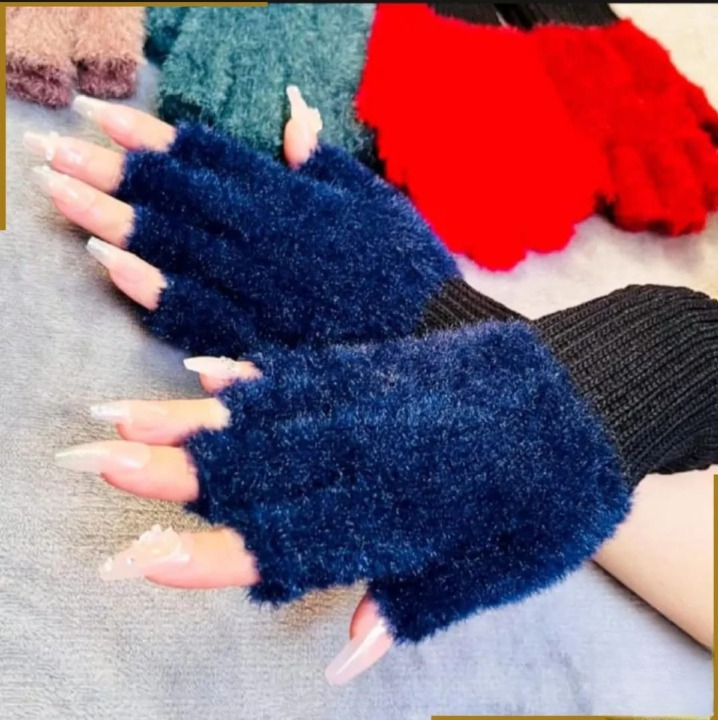 Winter Half Finger Pair Gloves For Women Plush Warm Fingerless Pair Gloves In Multicolor (Random Color) - Image 4