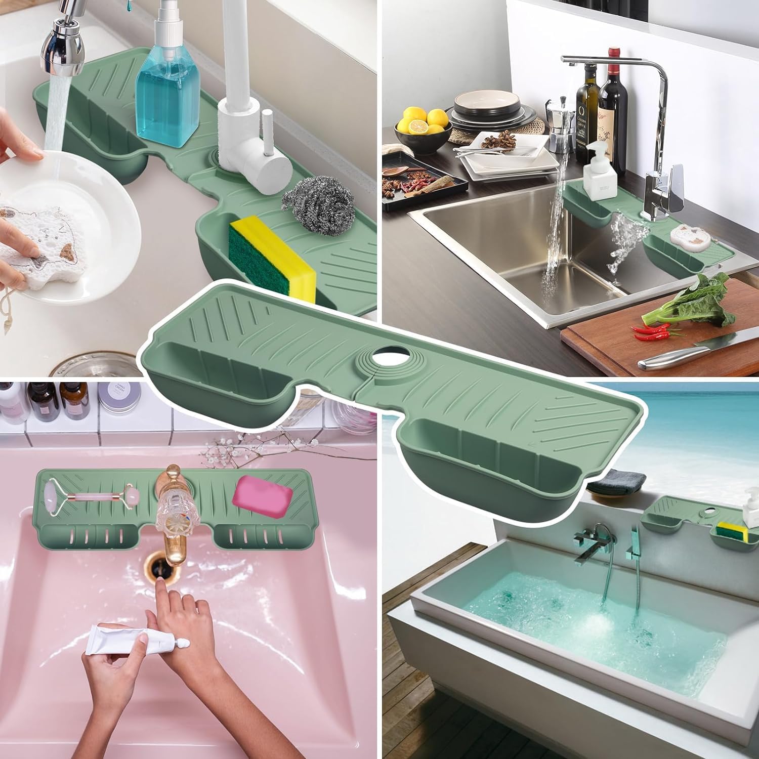 Silicone Faucet Splash Guard Mat with Sponge Holder Green Sink Water Catcher & Kitchen Organizer - Image 2