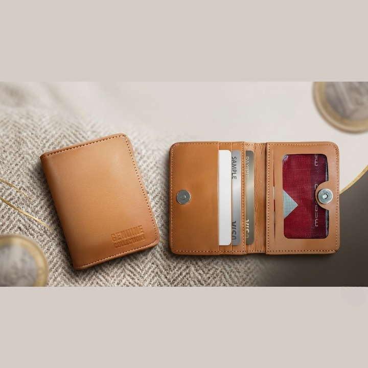 Premium Leather Button Wallet Camel Brown, Blue & Black - Image 4