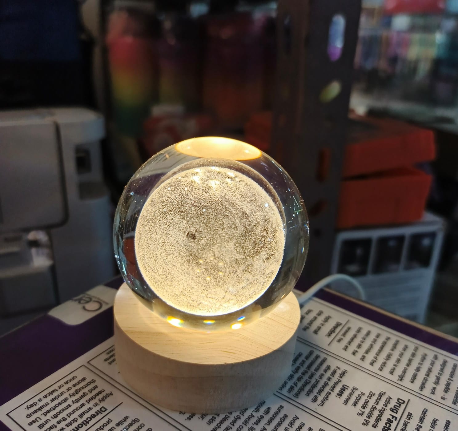 3D Crystal Ball Moon Night Light Laser-Engraved Glass Sphere with Warm LED Wooden Base (Moon Shape Only) - Image 2