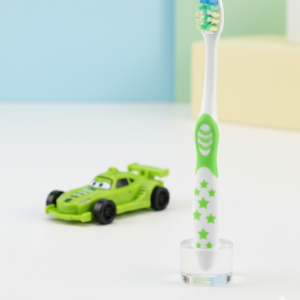 DORCO Childrens Soft Toothbrush with Fun Toy & Protective Case  Gentle Care for Kids Teeth & Gums (Random Design)