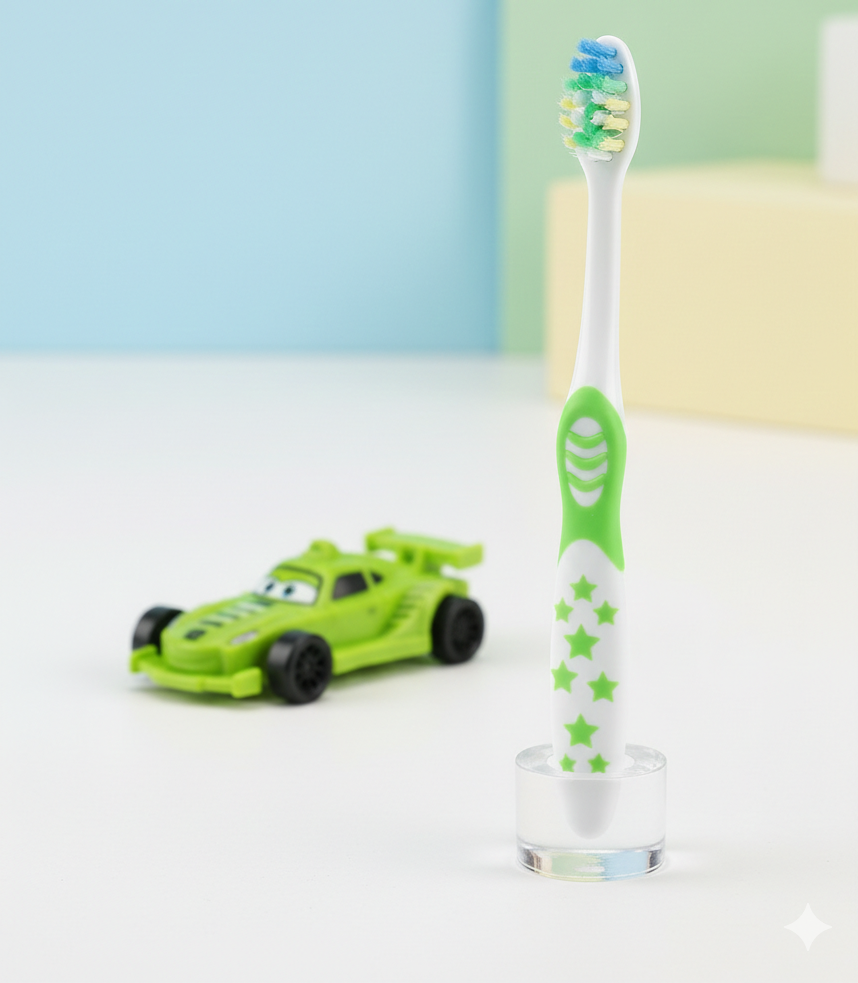 DORCO Childrens Soft Toothbrush with Fun Toy & Protective Case Gentle Care for Kids Teeth & Gums (Random Design)