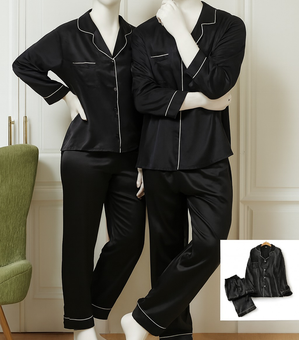 Classic Couple Night Suit Silk Satin Pajama Set Long Sleeve Top & Full-Length Pants (4 Pcs) | DC-C007 - Image 2