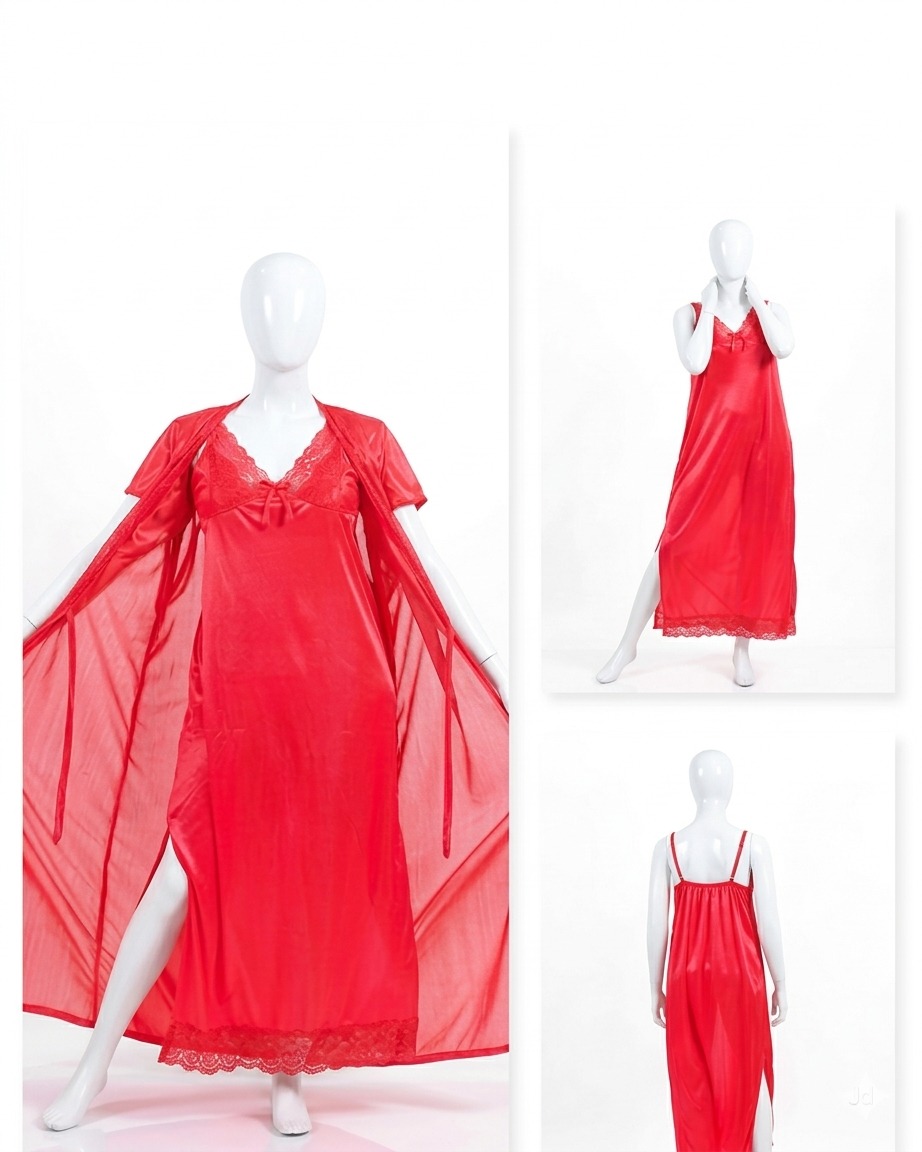 2 Pcs Premium Silk Lace Women's Sleepwear Set Inner & Gown Nightwear (Size Free) - Image 4