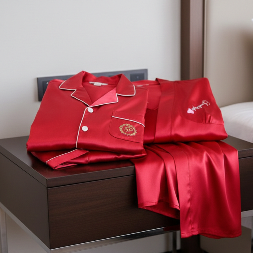 Couple Night Dress Silk Sleepwear Set 4-Piece Pajama & Robe Set | SKU: DC-C012 - Image 4