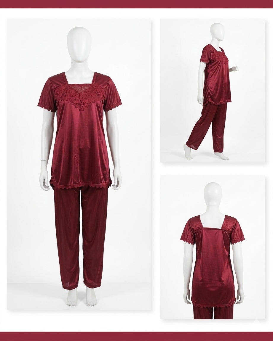 2 Pcs Premium Silk Lace Women's Sleepwear Set T-Shirt & Trouser Nightwear (Free Size) - Image 4