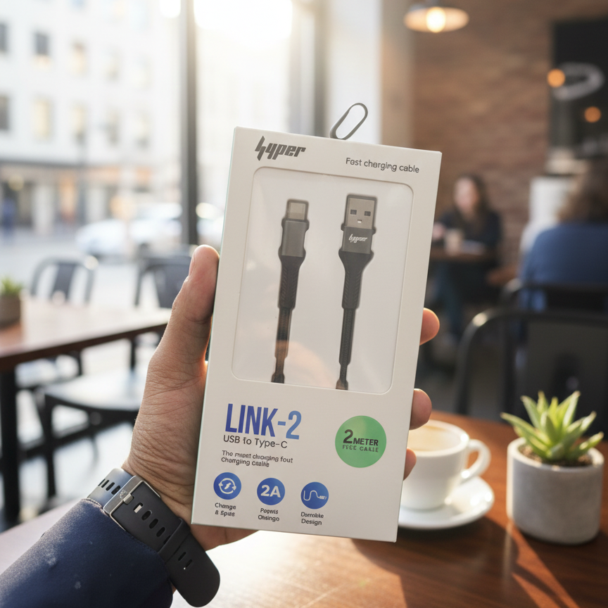 Yolo Hyper LINK-2 USB to Type C Charging Cable (Y-084) Durable Nylon Braided, 2m, Fast 2A Charging & Data Transfer