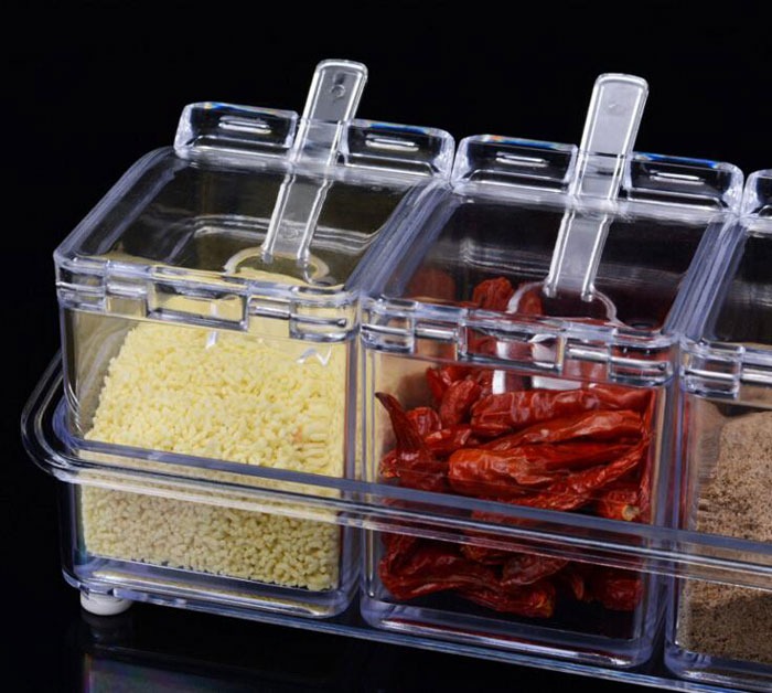 Crystal Seasoning Box With 4 Compartments And Spoons Transparent Spice Storage Container Set For Kitchen Organization - Image 4
