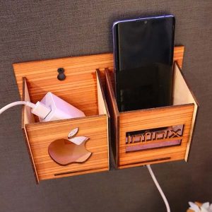 Wall Mounted Wooden Mobile Charging Holder  Phone & Charger Organizer for Home & Office