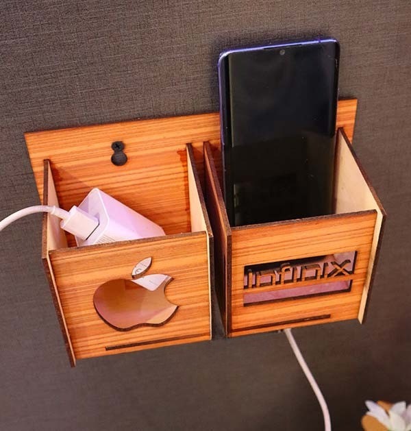 Wall Mounted Wooden Mobile Charging Holder Phone & Charger Organizer for Home & Office