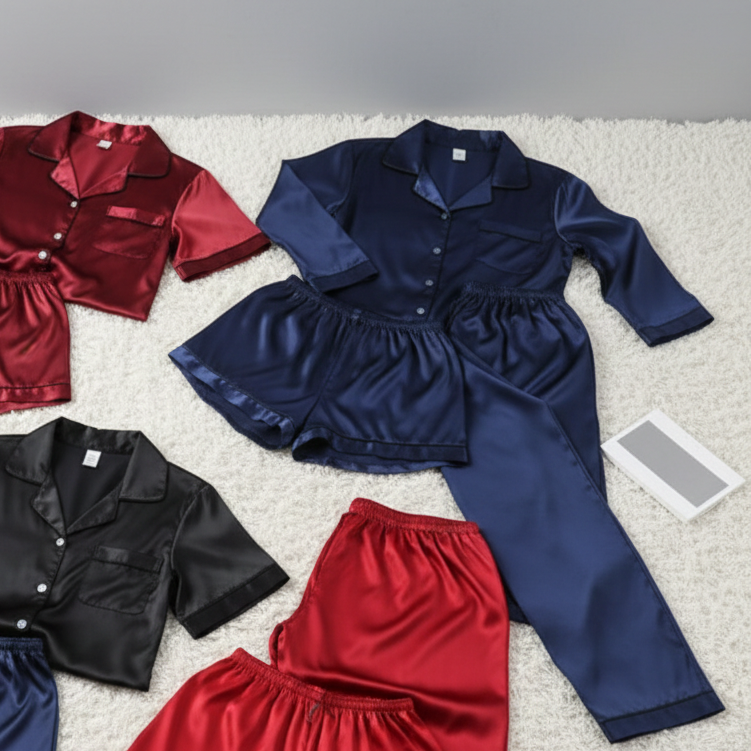 Couple Night Suit / Silk Satin Sleepwear Set Short & Long Style Combo (4 Pcs) | SKU: DC-C009 - Image 3