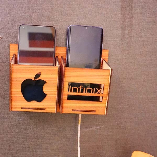 Wall Mounted Wooden Mobile Charging Holder Phone & Charger Organizer for Home & Office - Image 2