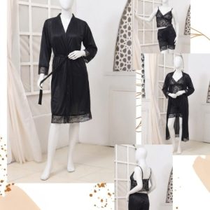 Women's Luxury Silk Nightwear Set with Black Lace  3 Piece Robe & Slip Dress SKU R-011 Free Size