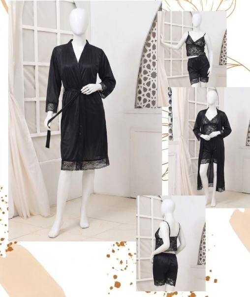 Women's Luxury Silk Nightwear Set with Black Lace 3 Piece Robe & Slip Dress SKU R-011 Free Size
