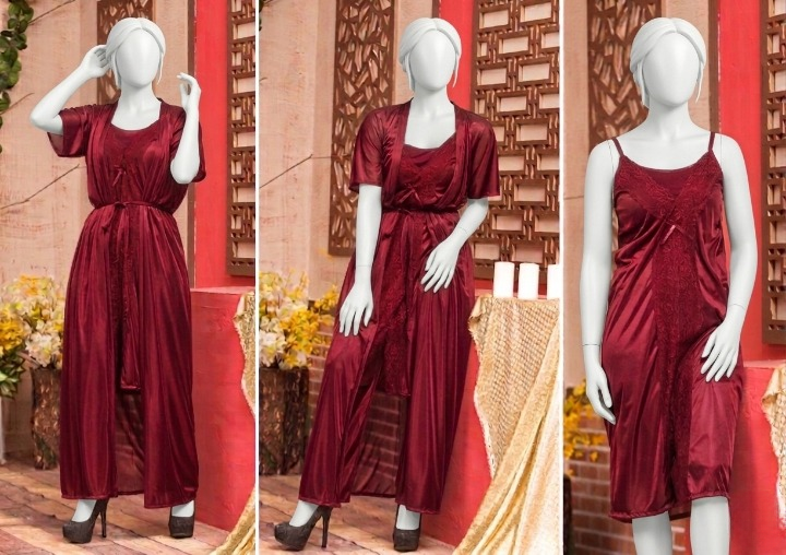 3 Pcs Premium Silk Nightwear Set With Lace - Image 3