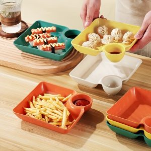 4-Piece Colorful Serving Platter Set  BPA-Free Snack, Sushi, Appetizer & Dessert Plates with Built-in Dipping Bowls for Parties & Everyday Use