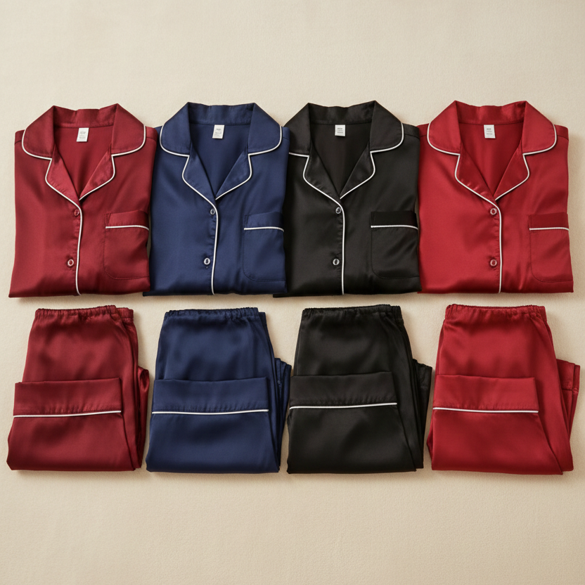 Classic Couple Night Suit Silk Satin Pajama Set Long Sleeve Top & Full-Length Pants (4 Pcs) | DC-C007 - Image 5