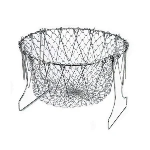 Stainless Steel Multi-Functional Foldable Chef Basket  Deluxe Kitchen Colander, Mesh Steam, Rinse, Strain & Fry Basket