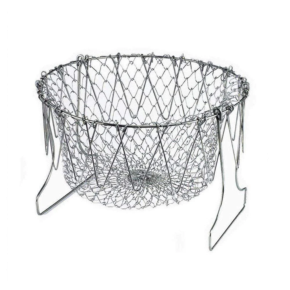 Stainless Steel Multi-Functional Foldable Chef Basket Deluxe Kitchen Colander, Mesh Steam, Rinse, Strain & Fry Basket