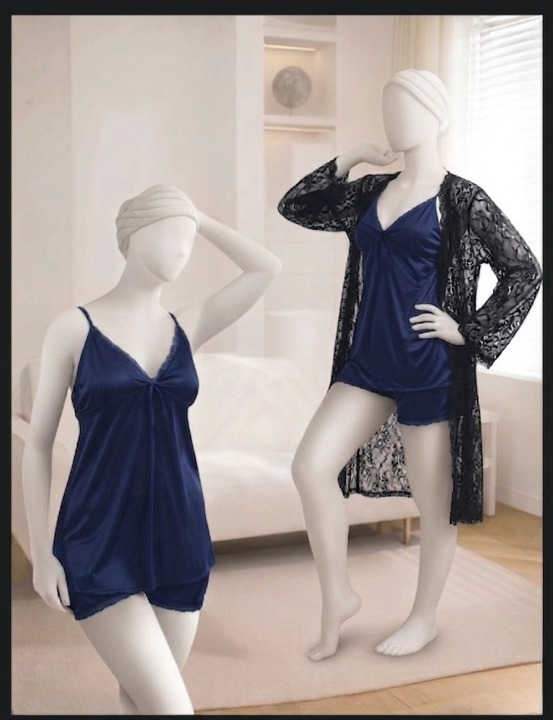 3-Piece Women's Sleepwear Set Camisole, Shorts & Lace Gown Soft Satin Nightwear Free Size - Image 2