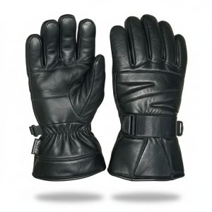 Mens Genuine Sheep Leather Winter Gloves  Black Motorcycle Riding Gloves with Warm Lining