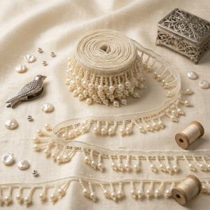 Hania Amir Dupatta Lace | Elegant Pearl-Style Beaded Ribbon