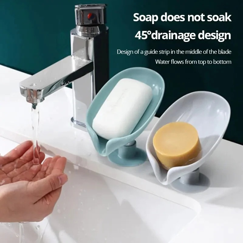 Leaf-Shape Self-Draining Soap Holder Decorative 45° Slanted Hydraulic Soap Dish with Suction Base (Random Color)
