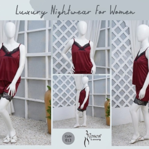 Women's Silk Nightwear Set with Black Lace  2 Piece Cami Top & Shorts Sleepwear (Free Size) [SKU R-012]
