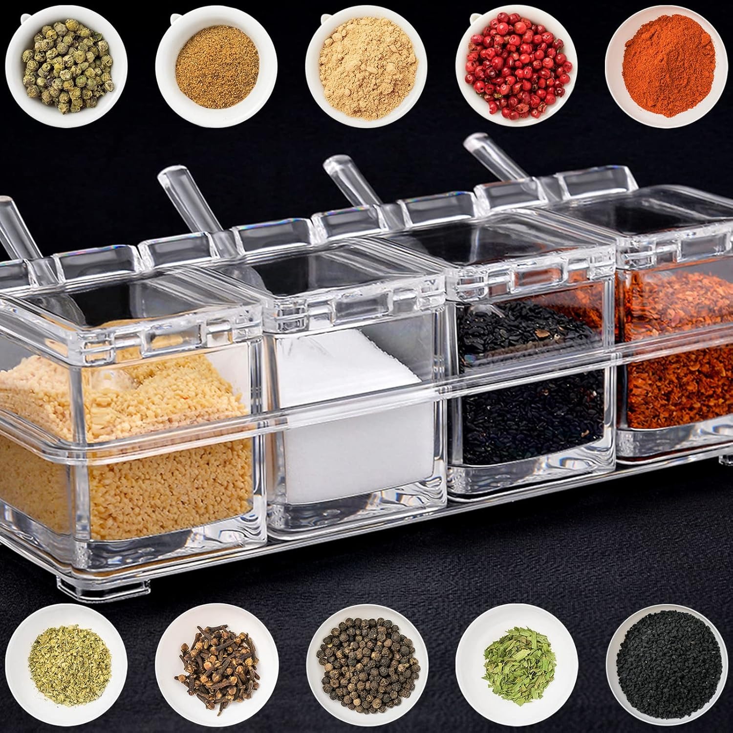 Crystal Seasoning Box With 4 Compartments And Spoons Transparent Spice Storage Container Set For Kitchen Organization - Image 2