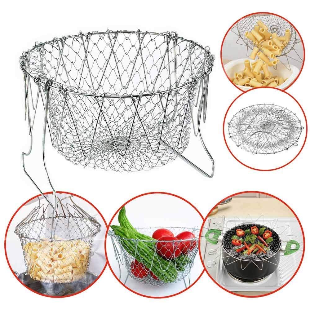 Stainless Steel Multi-Functional Foldable Chef Basket Deluxe Kitchen Colander, Mesh Steam, Rinse, Strain & Fry Basket - Image 3