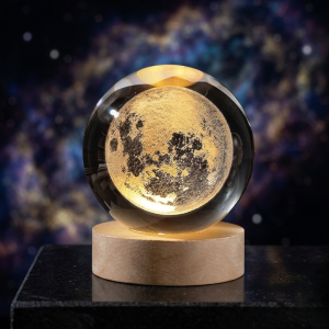 3D Crystal Ball Moon Night Light  Laser-Engraved Glass Sphere with Warm LED Wooden Base (Moon Shape Only)