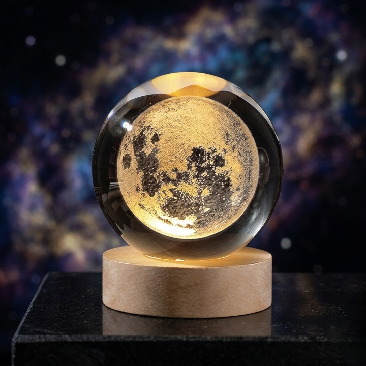 3D Crystal Ball Moon Night Light Laser-Engraved Glass Sphere with Warm LED Wooden Base (Moon Shape Only)