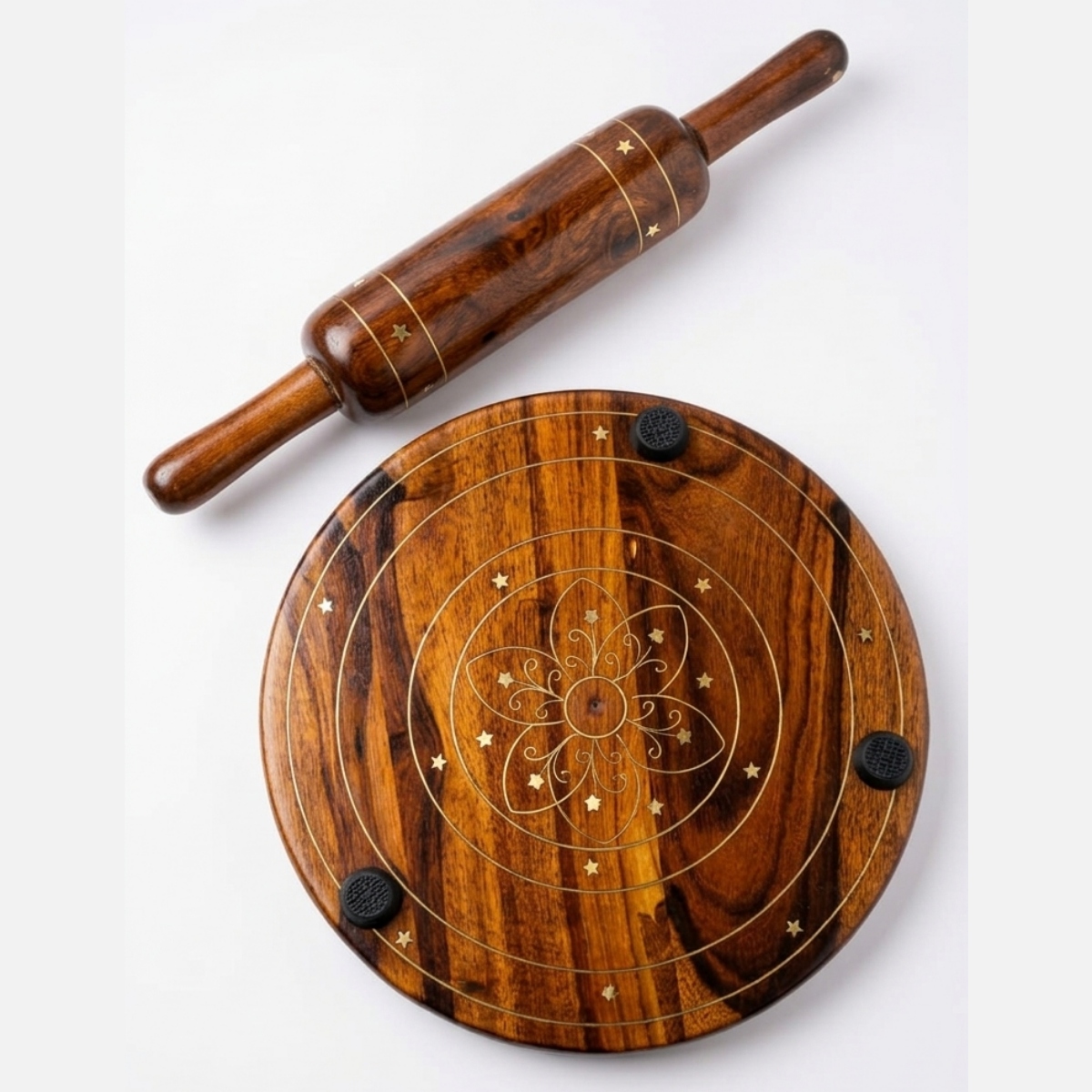 Shesham Wood & Brass Patra Bellon Set Premium Roti Making Board & Rolling Pin