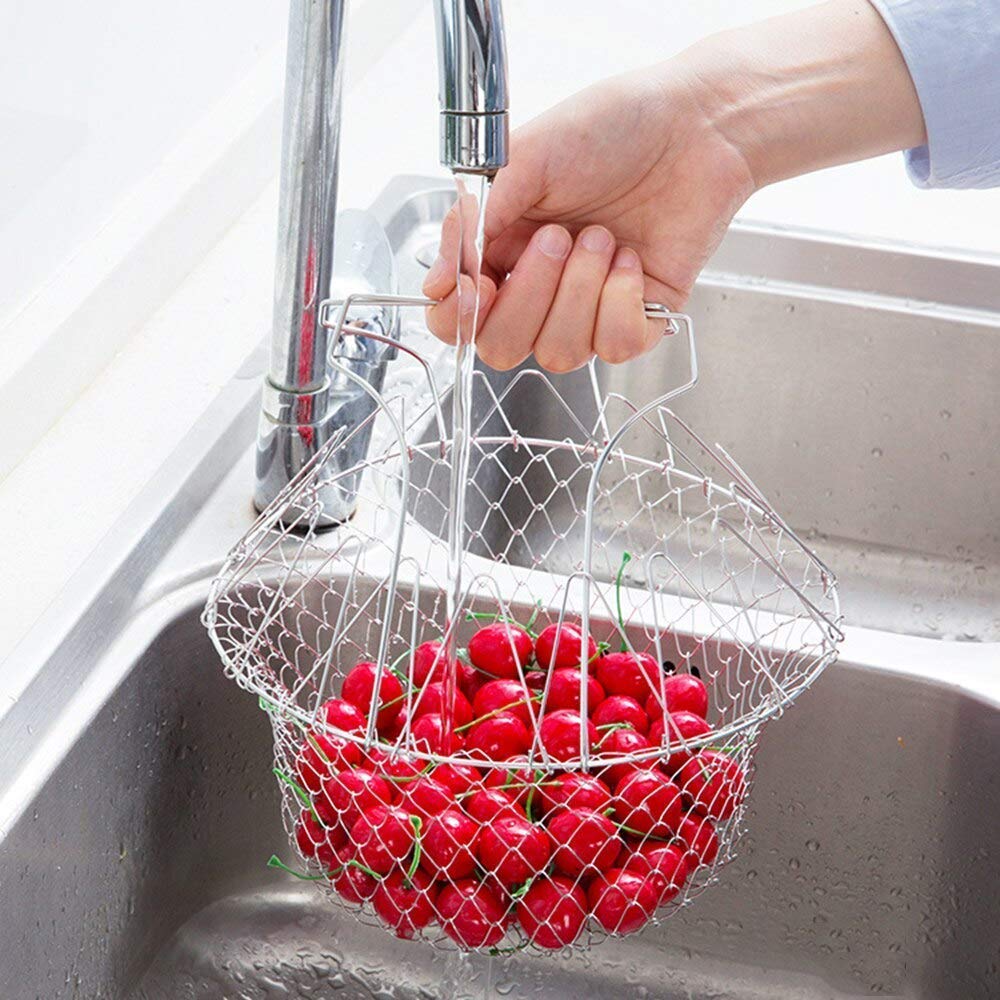 Stainless Steel Multi-Functional Foldable Chef Basket Deluxe Kitchen Colander, Mesh Steam, Rinse, Strain & Fry Basket - Image 2
