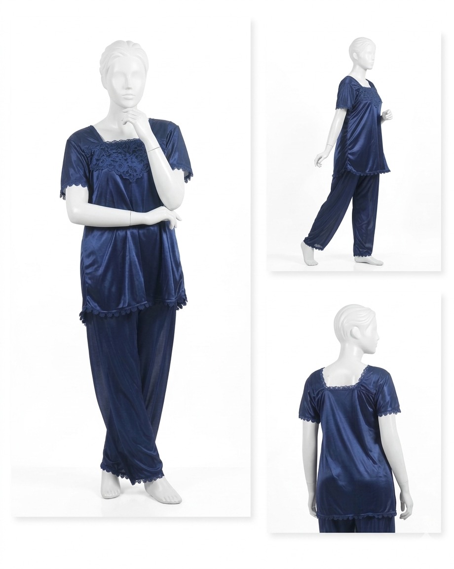 2 Pcs Premium Silk Lace Women's Sleepwear Set T-Shirt & Trouser Nightwear (Free Size) - Image 3
