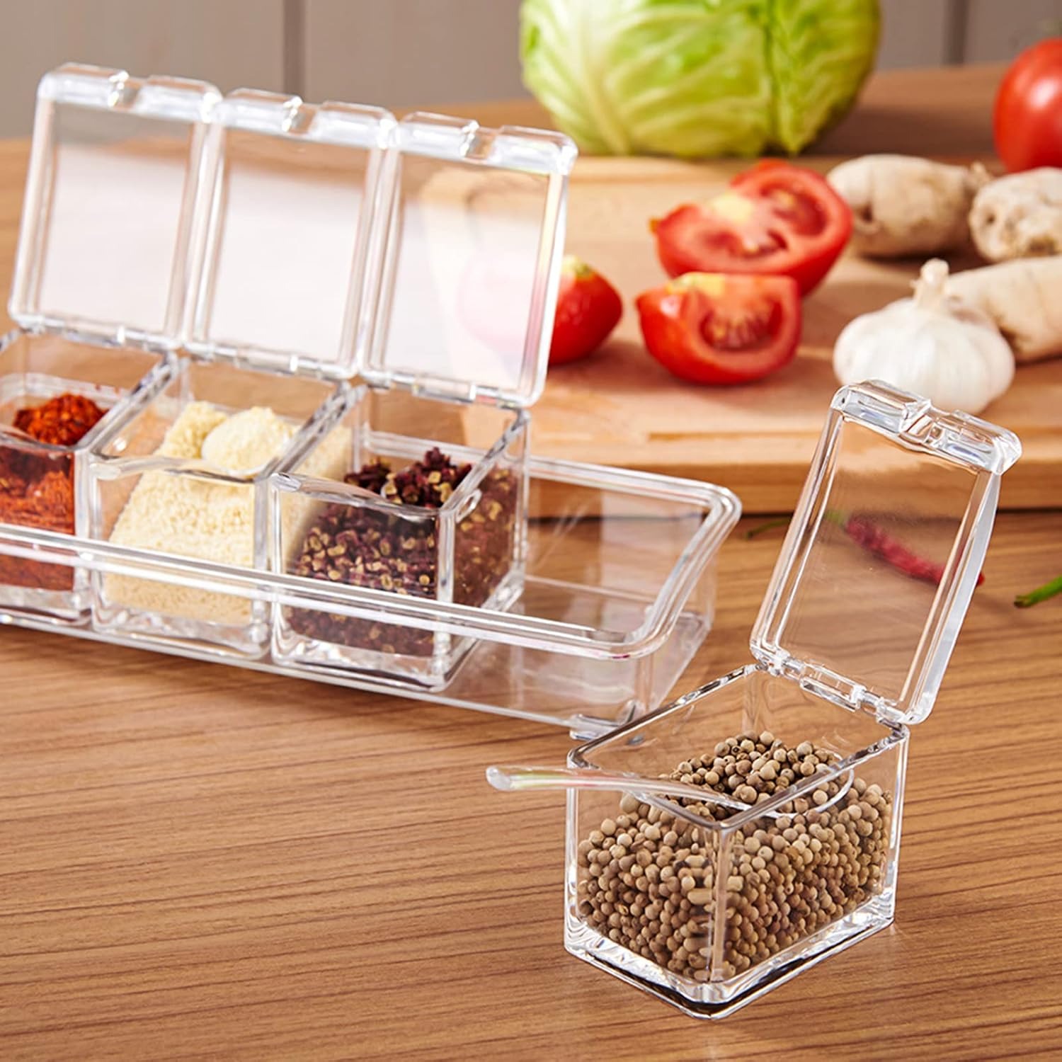 Crystal Seasoning Box With 4 Compartments And Spoons Transparent Spice Storage Container Set For Kitchen Organization
