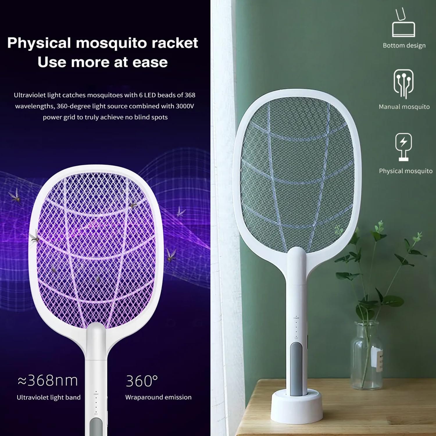 USB Rechargeable Mosquito Racket With Stand Electric Insect Killer Bat For Indoor And Outdoor Use | Insects Killer | Mosquito Killer Racket (Random Color) - Image 2
