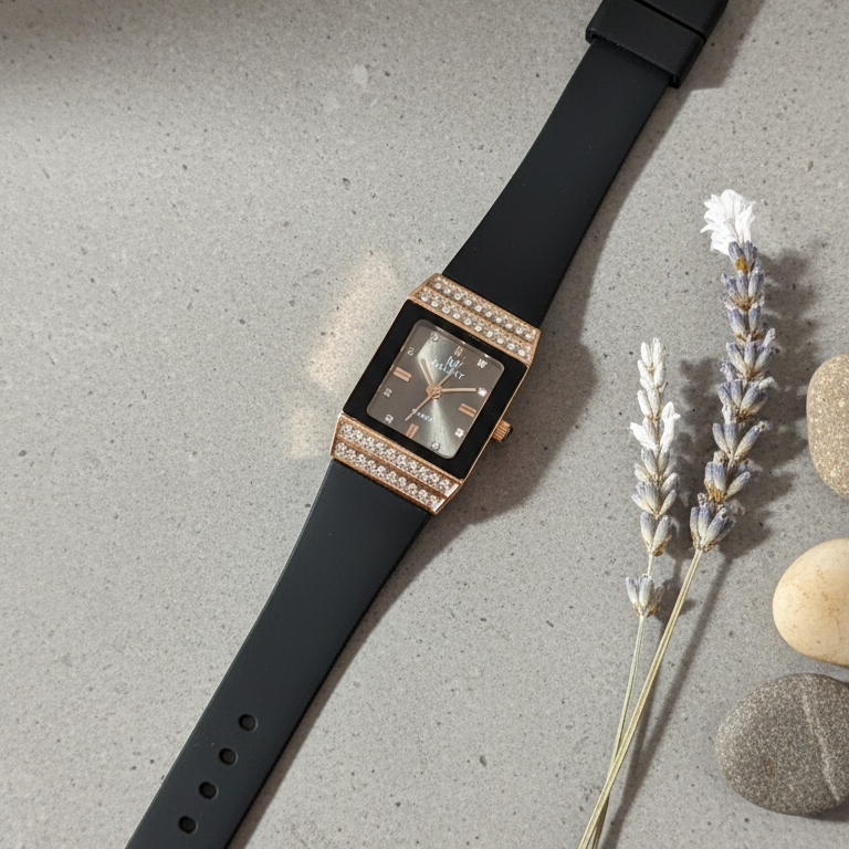 Midnight Elegance Rectangular Rose Gold & Crystal Statement Watch - Image 2
