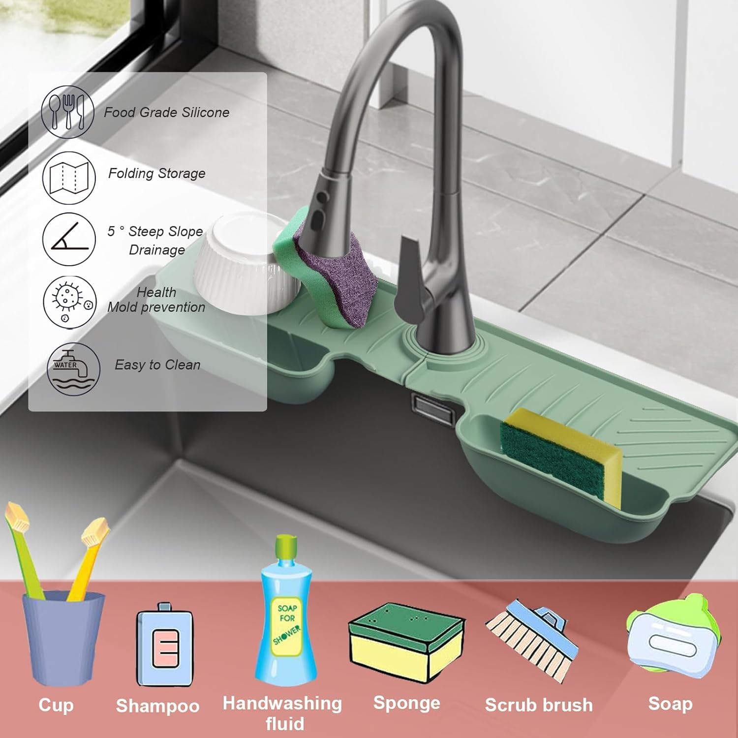 Silicone Faucet Splash Guard Mat with Sponge Holder Green Sink Water Catcher & Kitchen Organizer - Image 4