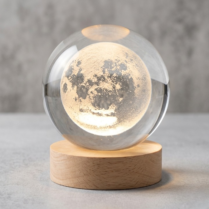 3D Crystal Ball Moon Night Light Laser-Engraved Glass Sphere with Warm LED Wooden Base (Moon Shape Only) - Image 3